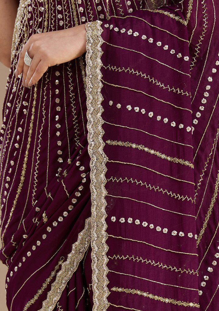 Wine Aariwork Satin Saree