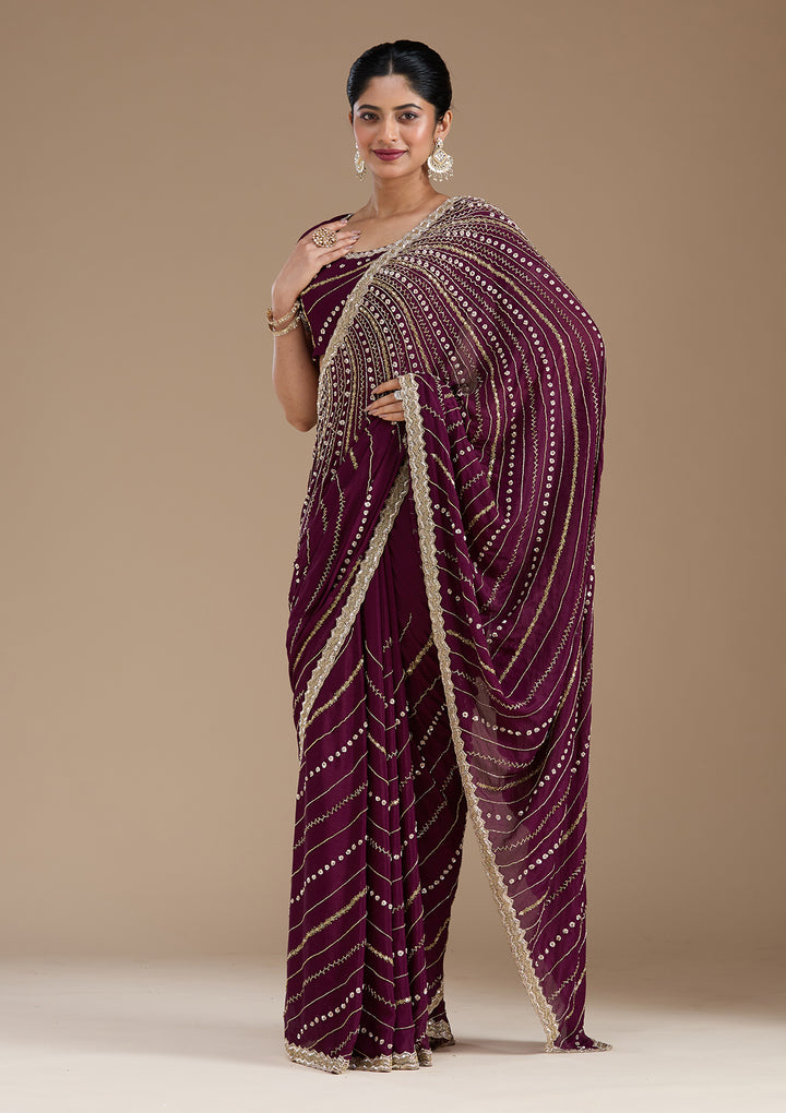 Wine Aariwork Satin Saree