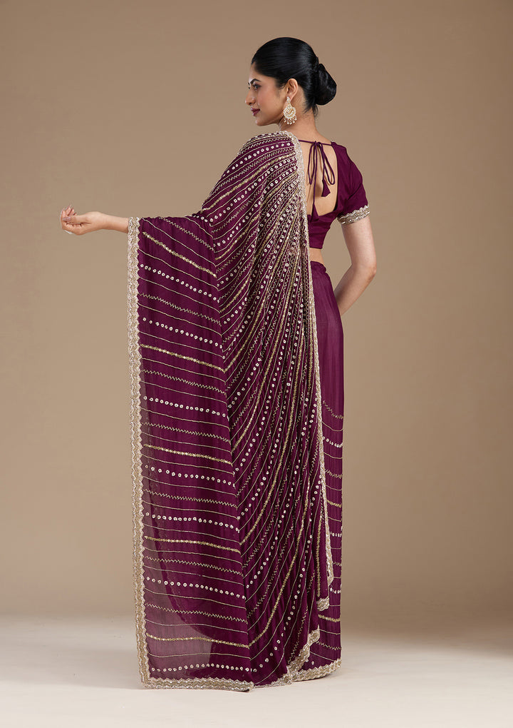 Wine Aariwork Satin Saree