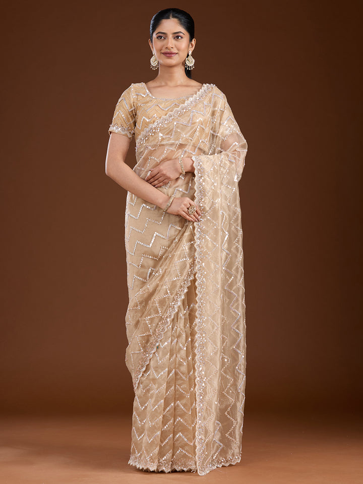 Beige Organza Sequins Saree With Matching Blouse Piece
