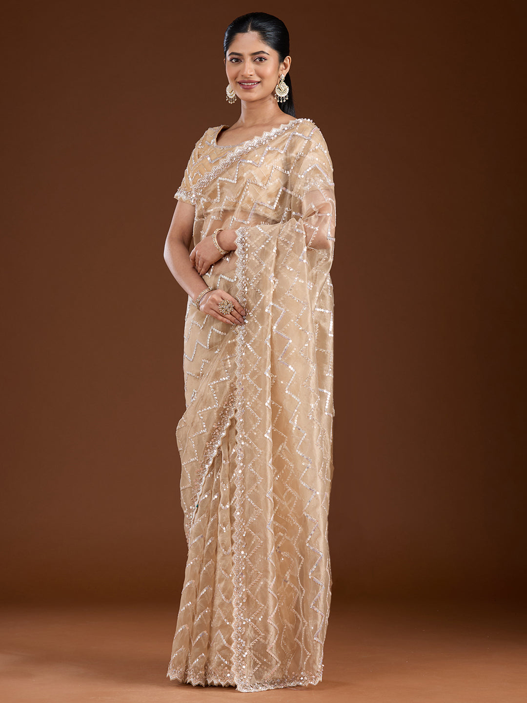 Beige Organza Sequins Saree With Matching Blouse Piece
