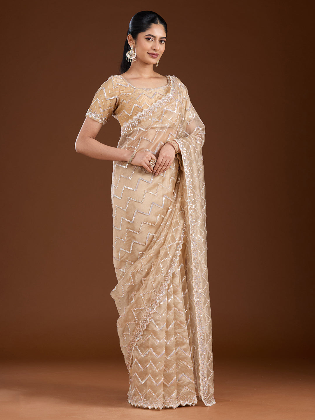 Beige Organza Sequins Saree With Matching Blouse Piece