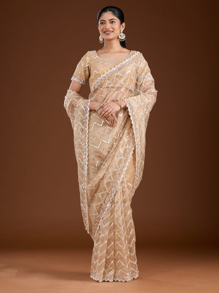 Beige Organza Sequins Saree With Matching Blouse Piece