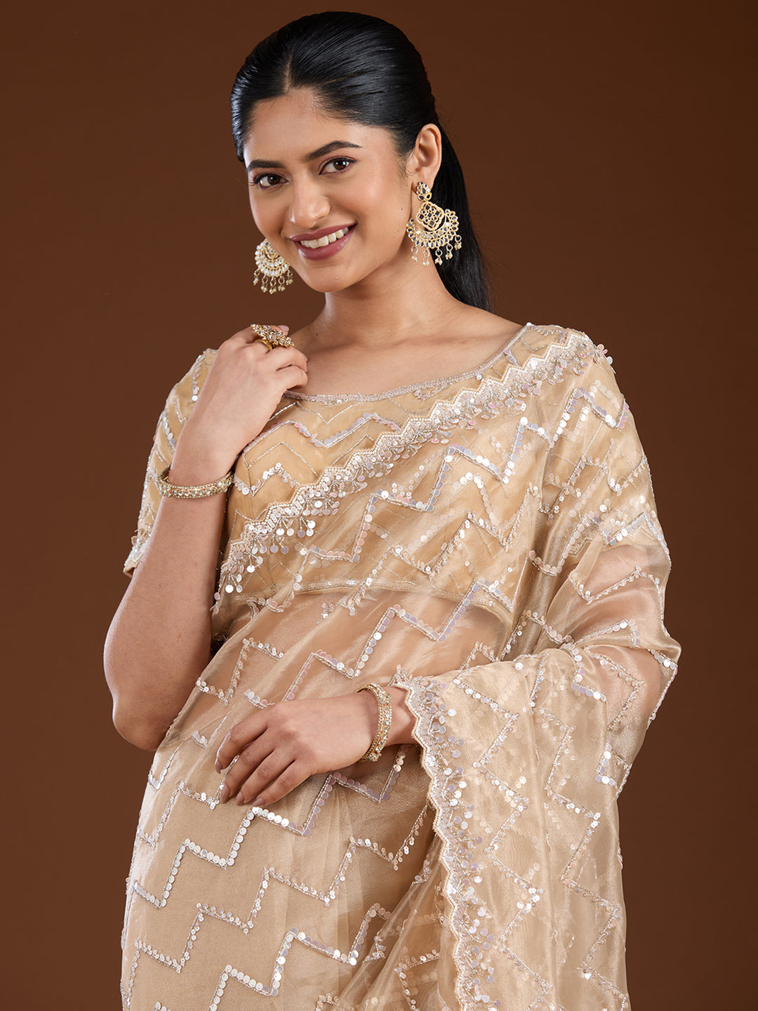 Beige Organza Sequins Saree With Matching Blouse Piece