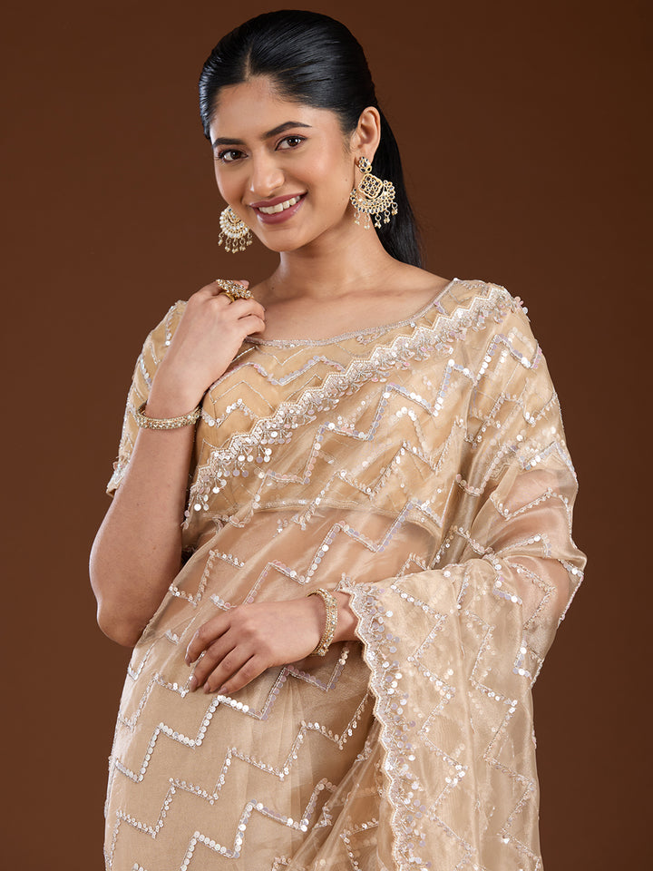 Beige Organza Sequins Saree With Matching Blouse Piece