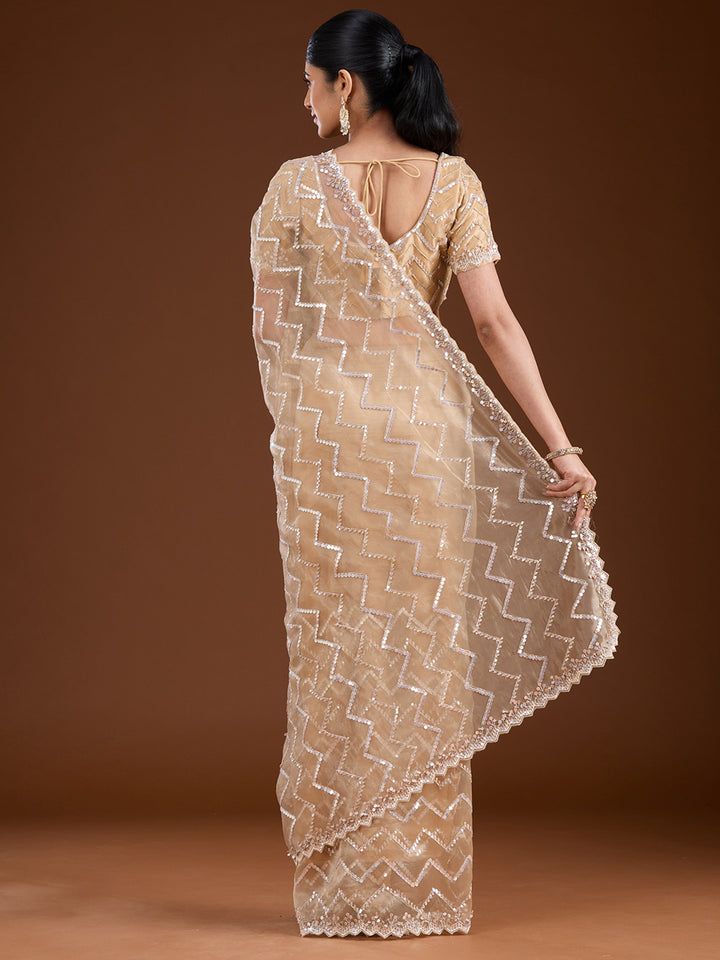 Beige Organza Sequins Saree With Matching Blouse Piece