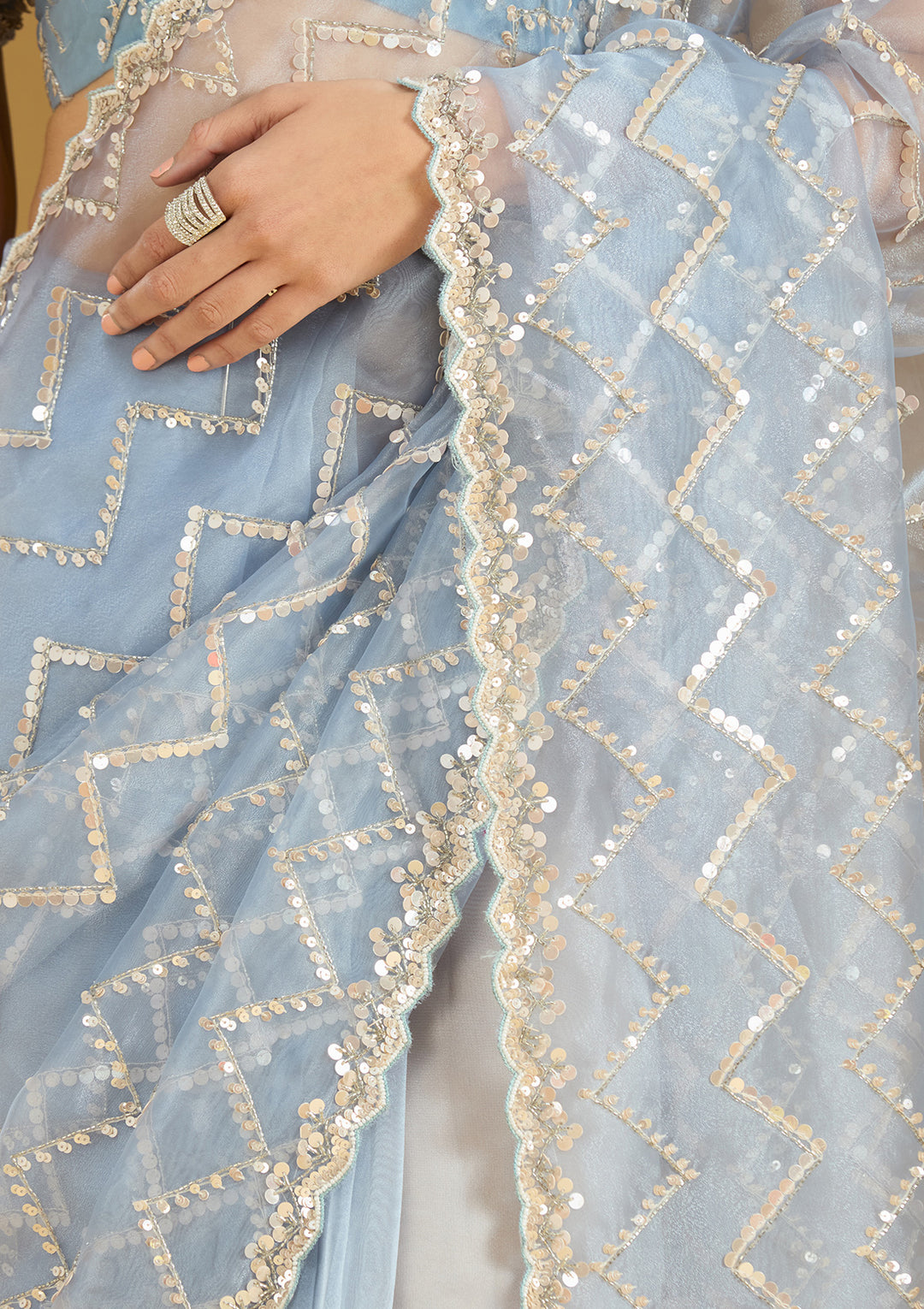 Light Grey Organza Sequins Saree With Matching Blouse Piece