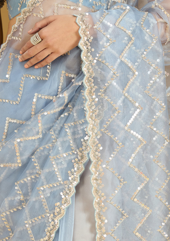 Light Grey Organza Sequins Saree With Matching Blouse Piece