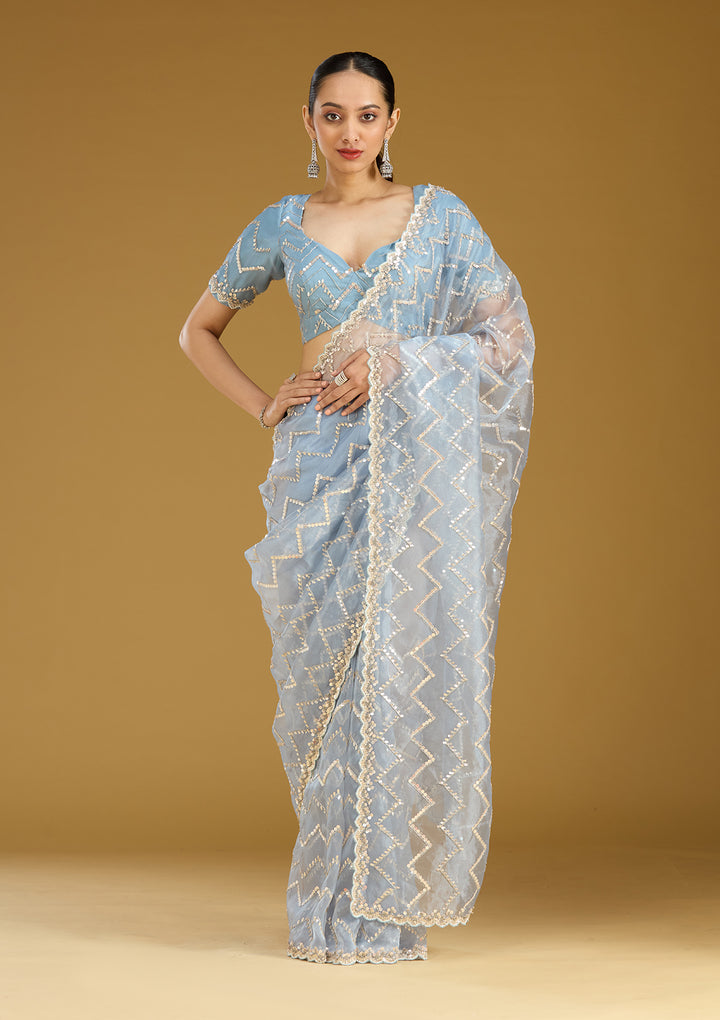 Light Grey Organza Sequins Saree With Matching Blouse Piece