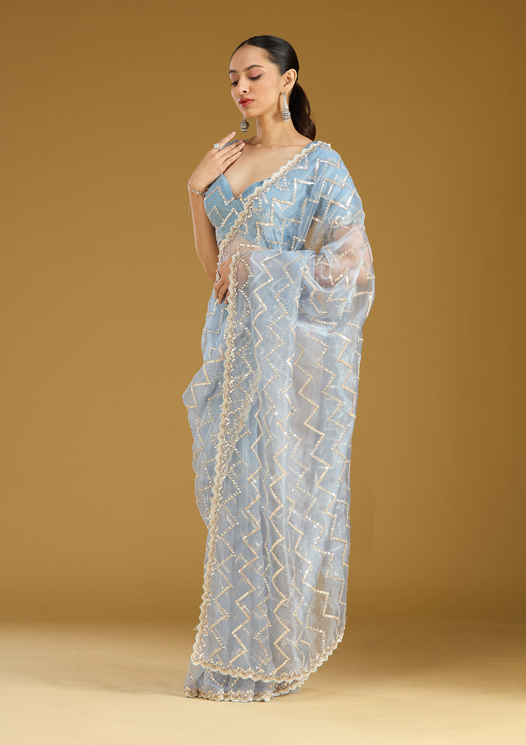 Light Grey Organza Sequins Saree With Matching Blouse Piece