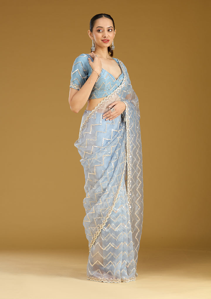 Light Grey Organza Sequins Saree With Matching Blouse Piece