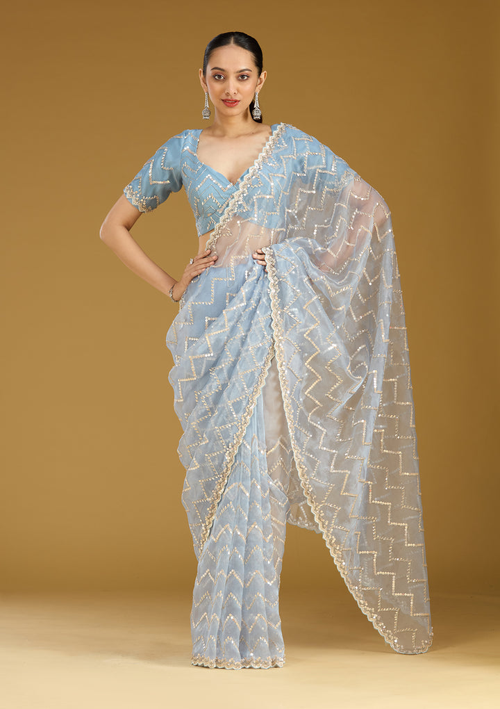 Light Grey Organza Sequins Saree With Matching Blouse Piece