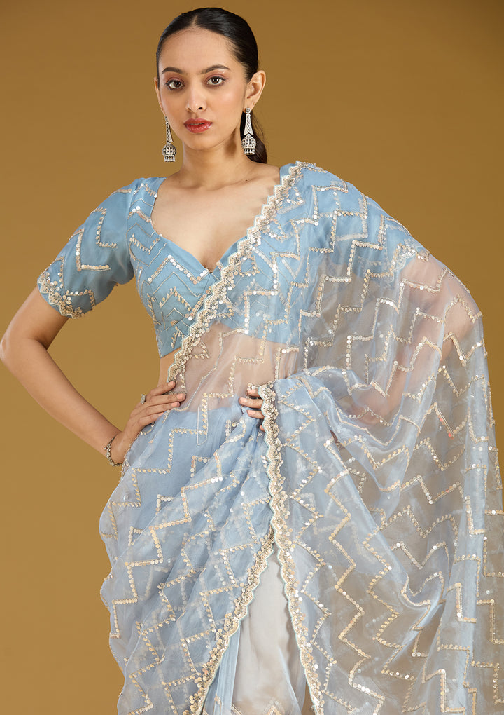 Light Grey Organza Sequins Saree With Matching Blouse Piece