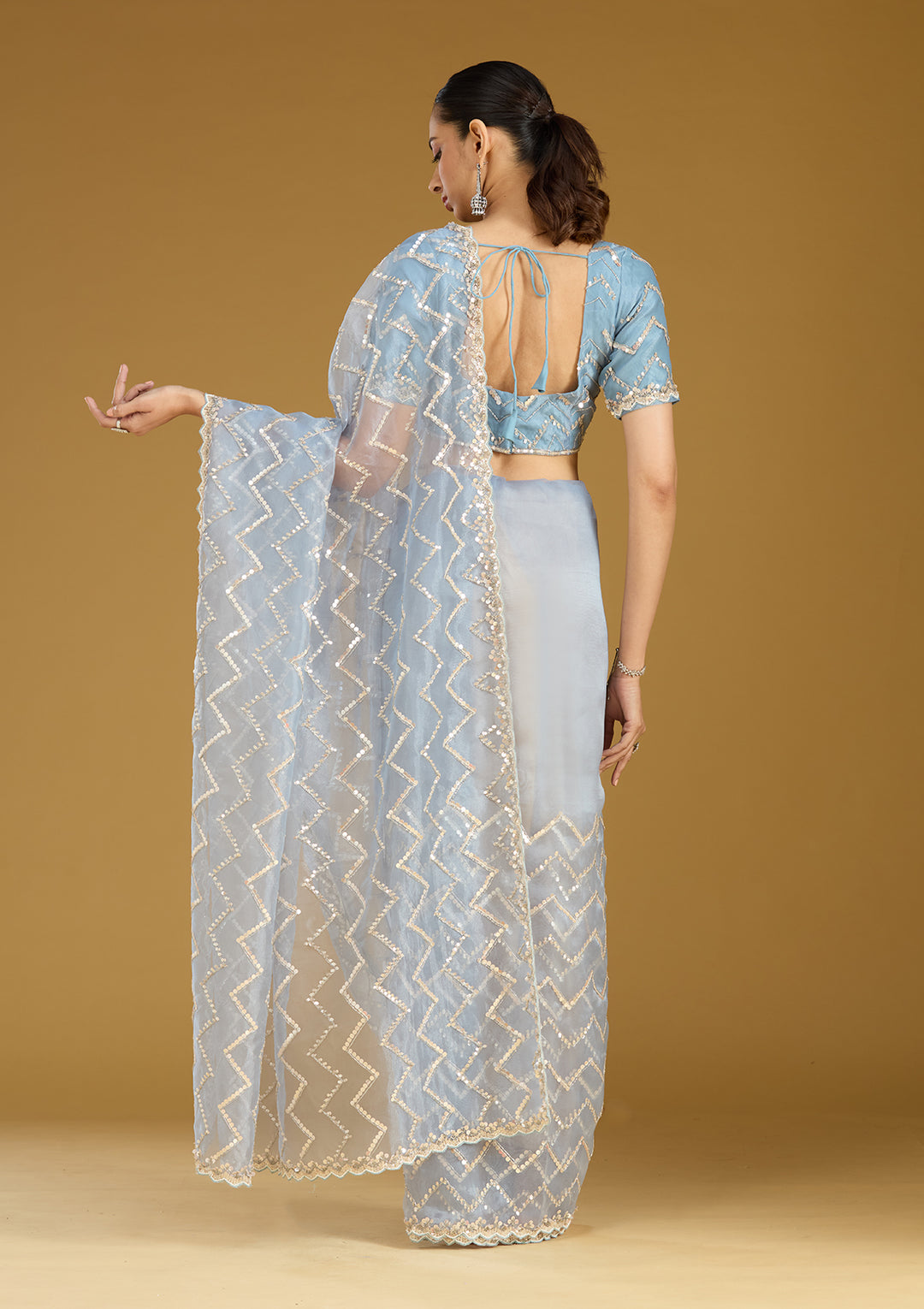 Light Grey Organza Sequins Saree With Matching Blouse Piece