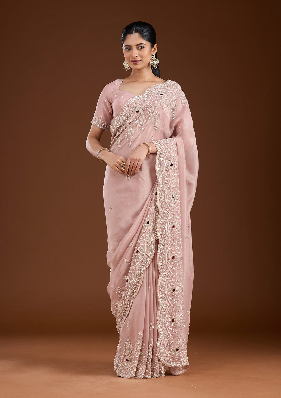 Light Peach Tissue Cording Saree With Matching Blouse Piece