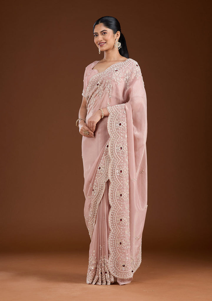 Light Peach Tissue Cording Saree With Matching Blouse Piece
