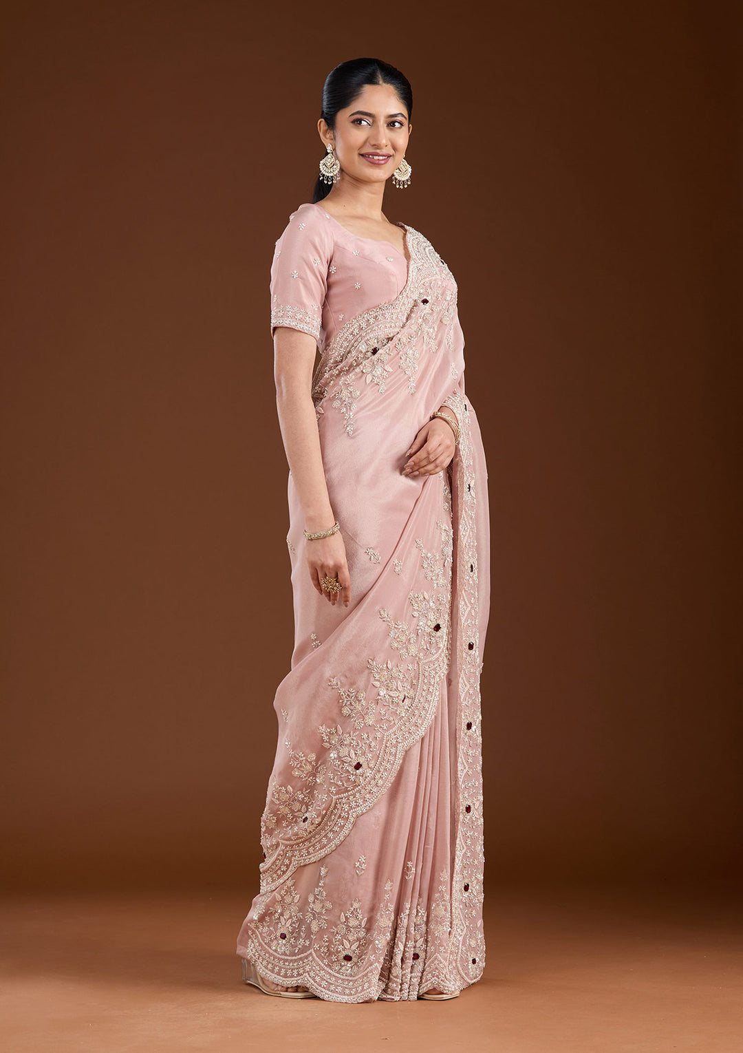 Light Peach Tissue Cording Saree With Matching Blouse Piece