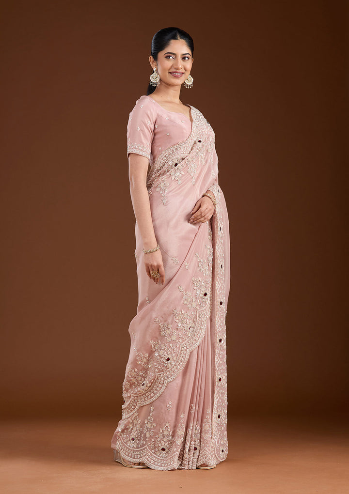 Light Peach Tissue Cording Saree With Matching Blouse Piece