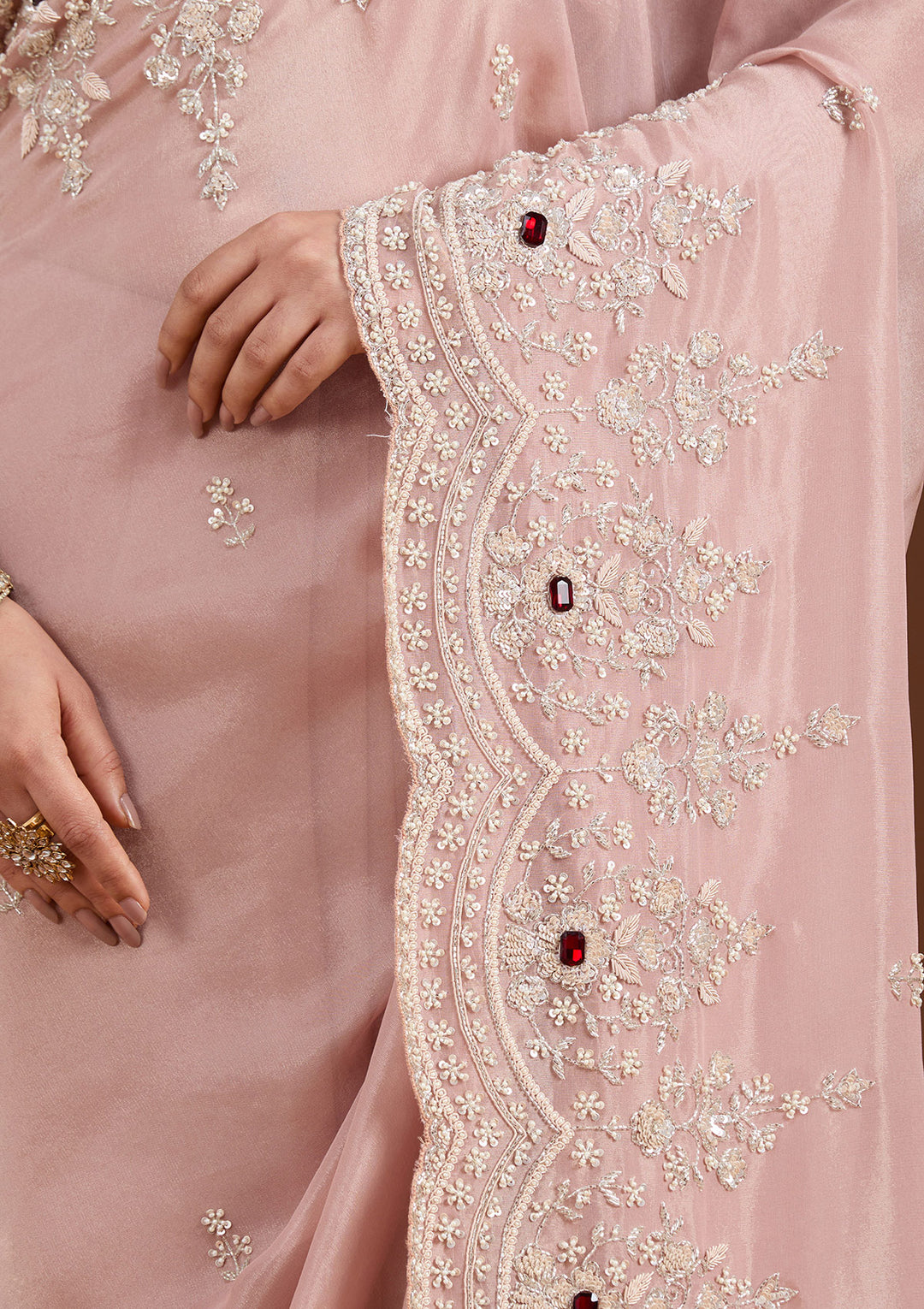 Light Peach Tissue Cording Saree With Matching Blouse Piece