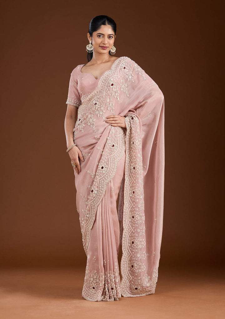 Light Peach Tissue Cording Saree With Matching Blouse Piece