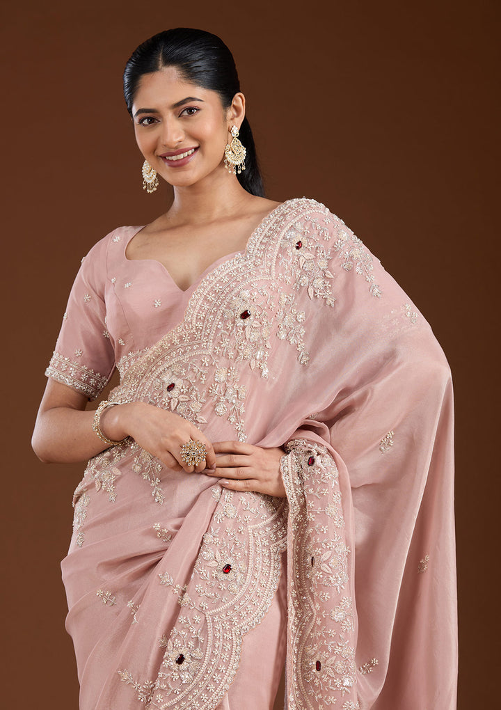 Light Peach Tissue Cording Saree With Matching Blouse Piece