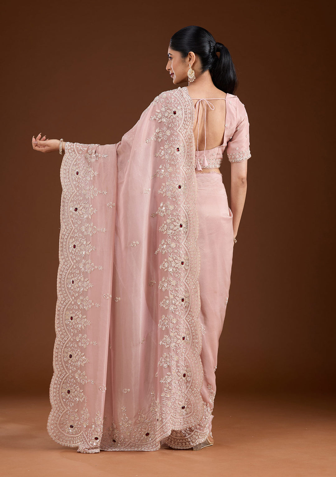Light Peach Tissue Cording Saree With Matching Blouse Piece