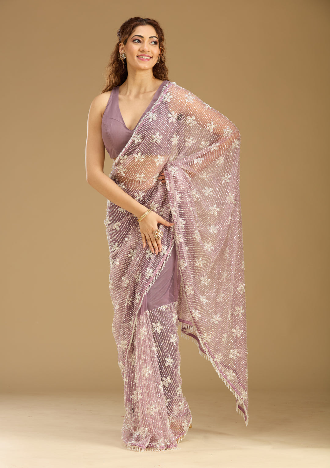 Pink Sequins Net Saree