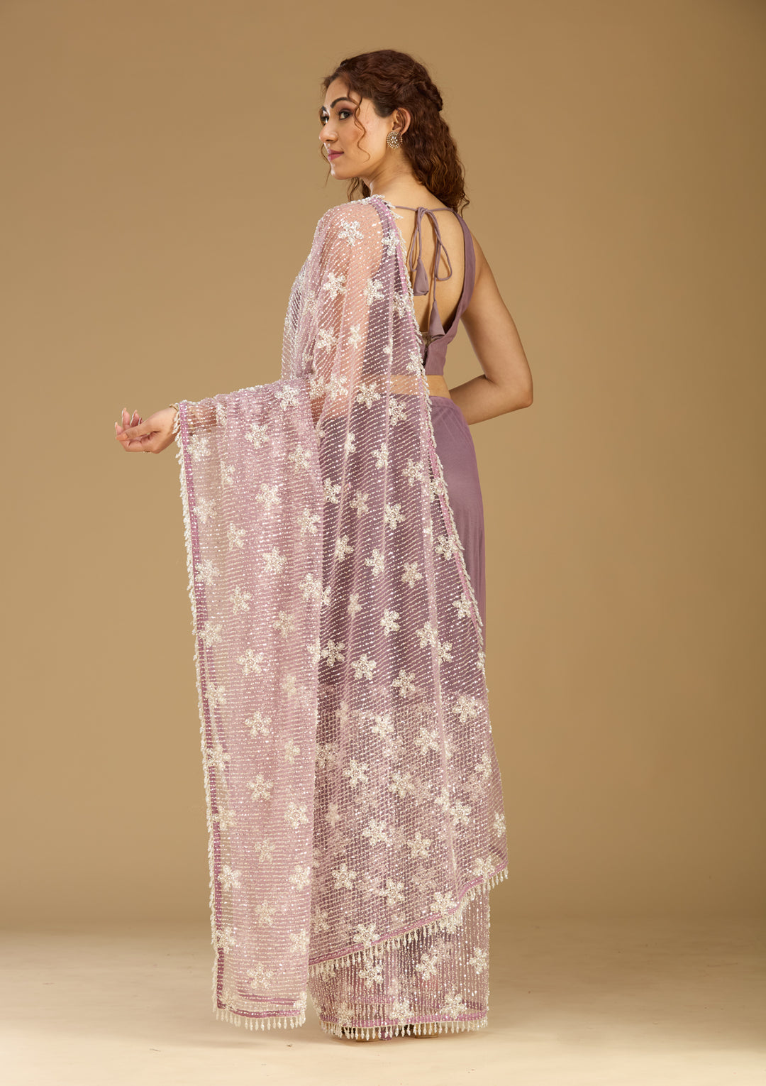 Pink Sequins Net Saree