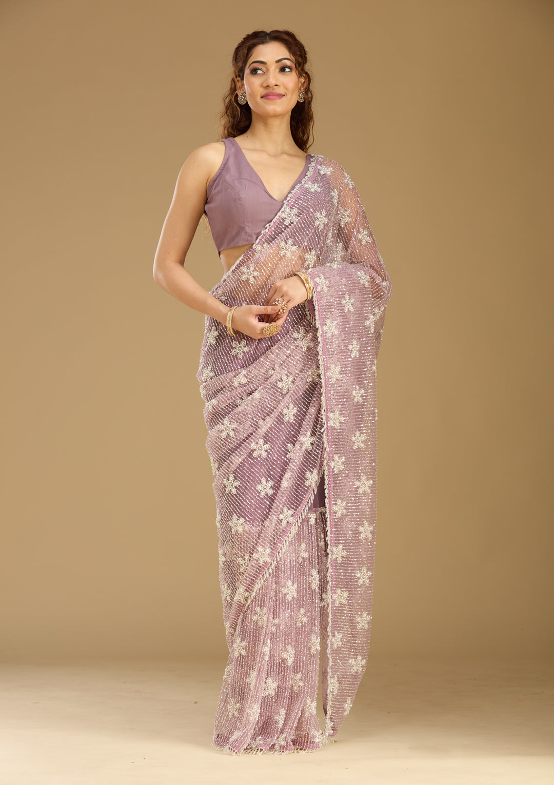 Pink Sequins Net Saree