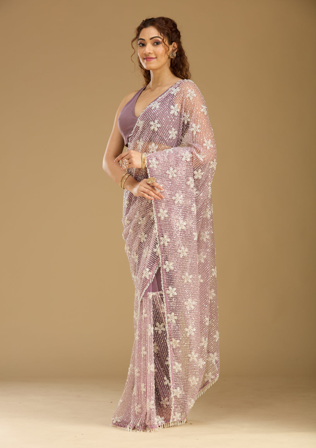 Pink Sequins Net Saree