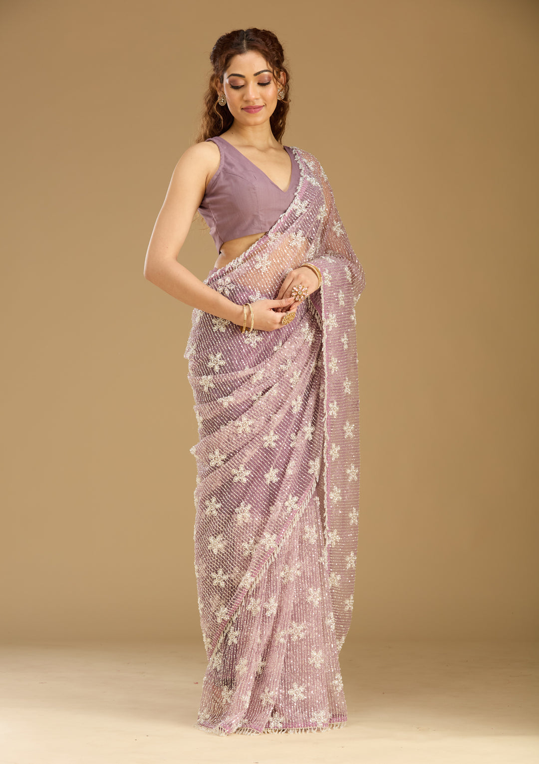 Pink Sequins Net Saree