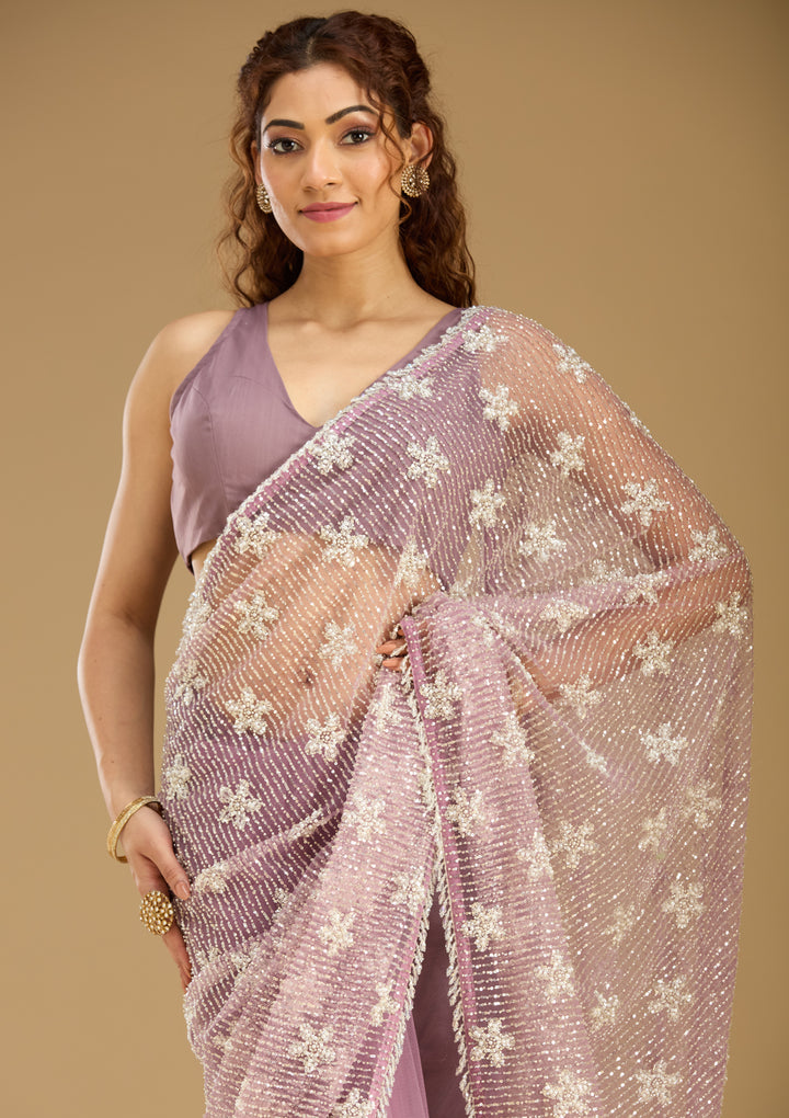 Pink Sequins Net Saree