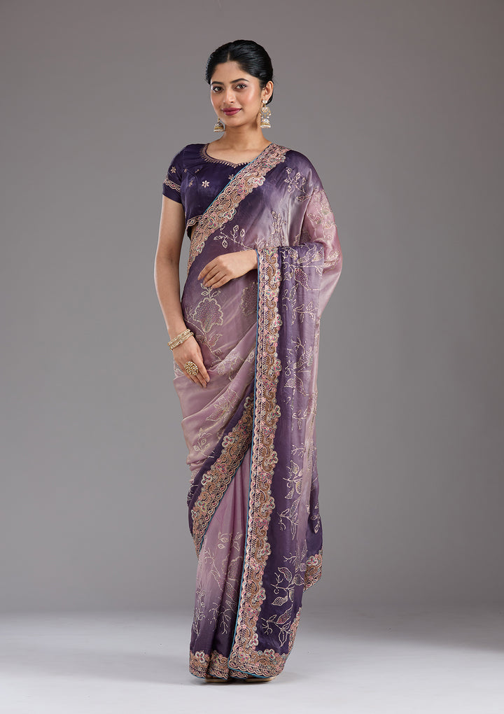 Purple Tissue Gold Stonework Saree With Matching Blouse Piece