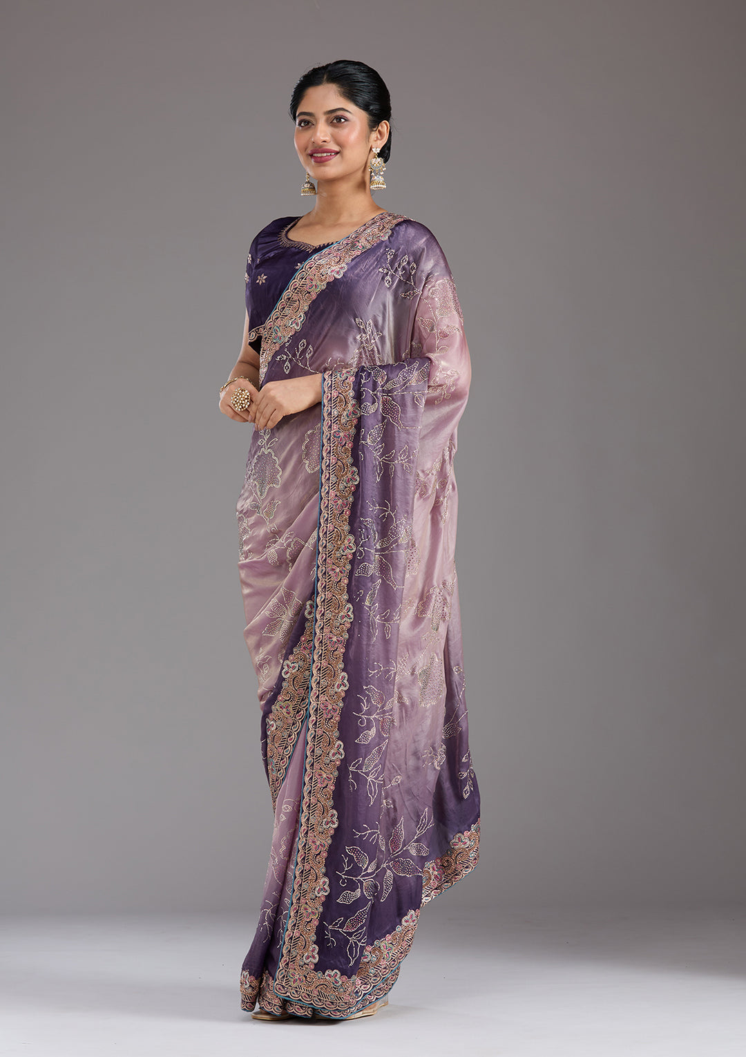 Purple Tissue Gold Stonework Saree With Matching Blouse Piece