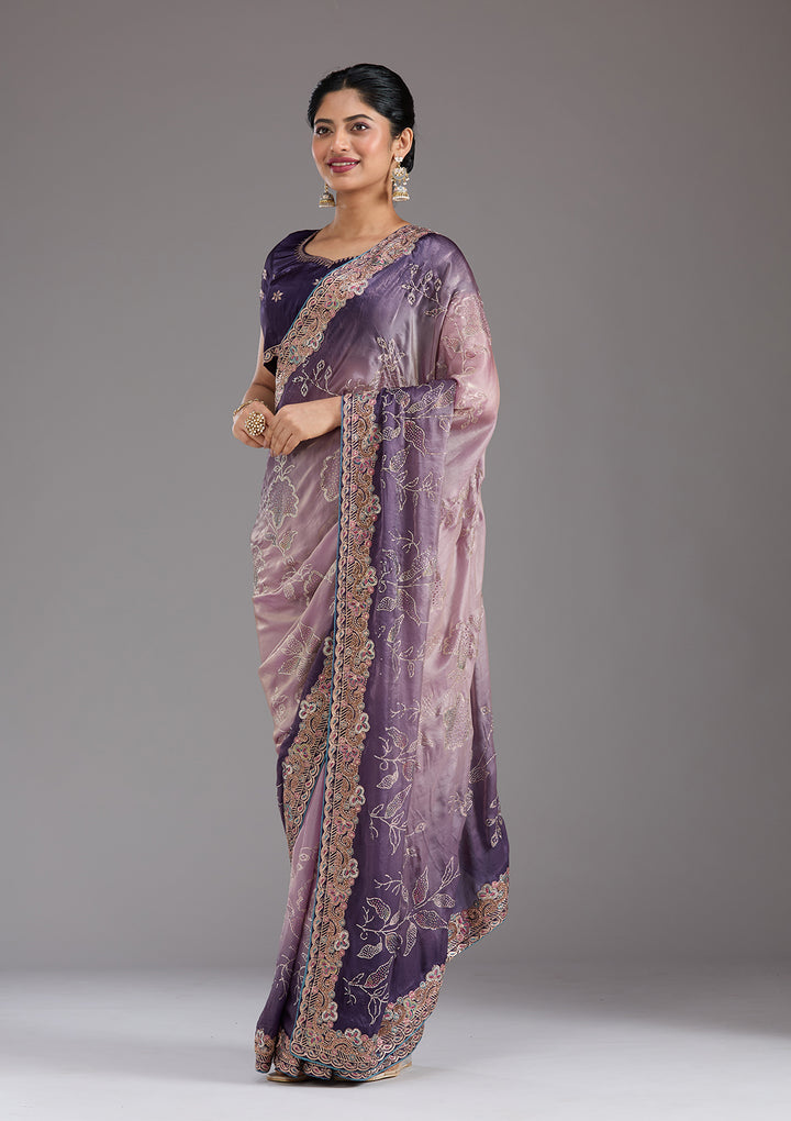 Purple Tissue Gold Stonework Saree With Matching Blouse Piece