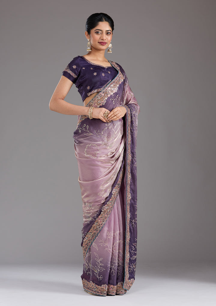 Purple Tissue Gold Stonework Saree With Matching Blouse Piece