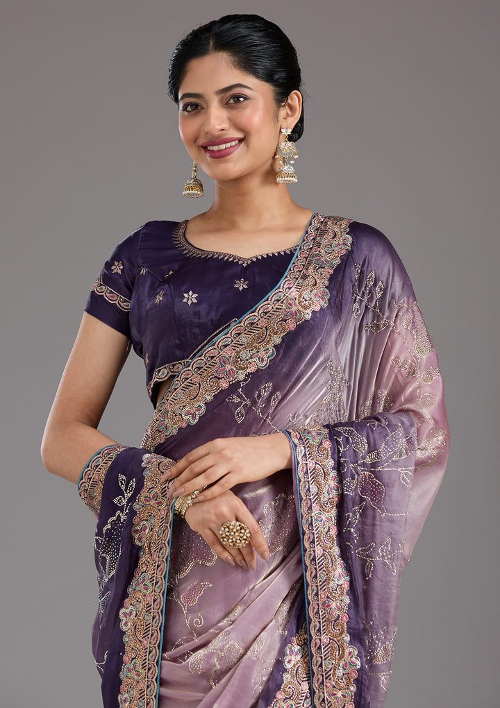 Purple Tissue Gold Stonework Saree With Matching Blouse Piece