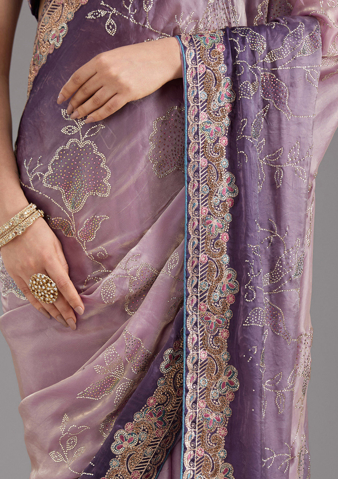 Purple Tissue Gold Stonework Saree With Matching Blouse Piece