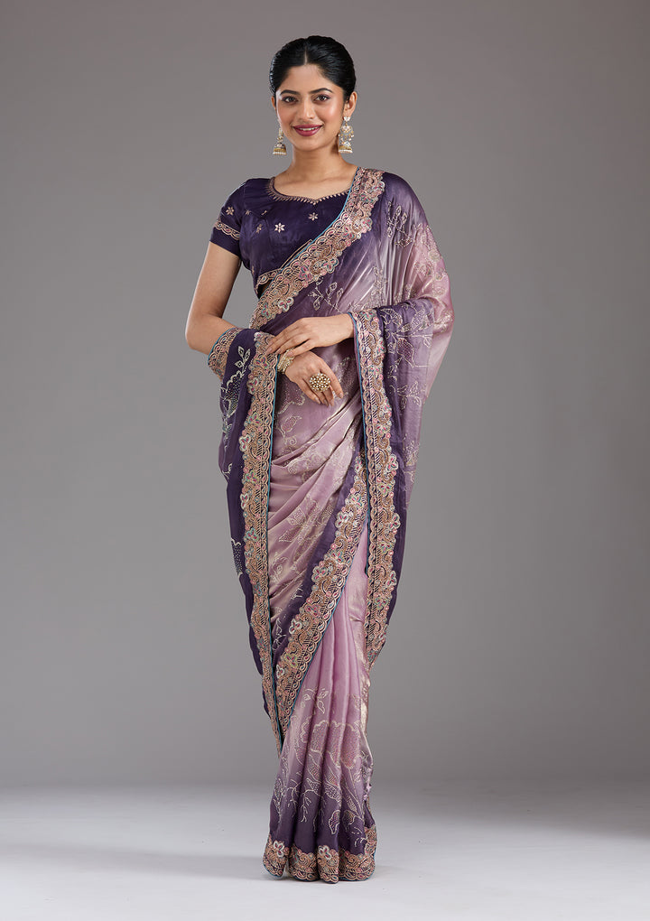 Purple Tissue Gold Stonework Saree With Matching Blouse Piece