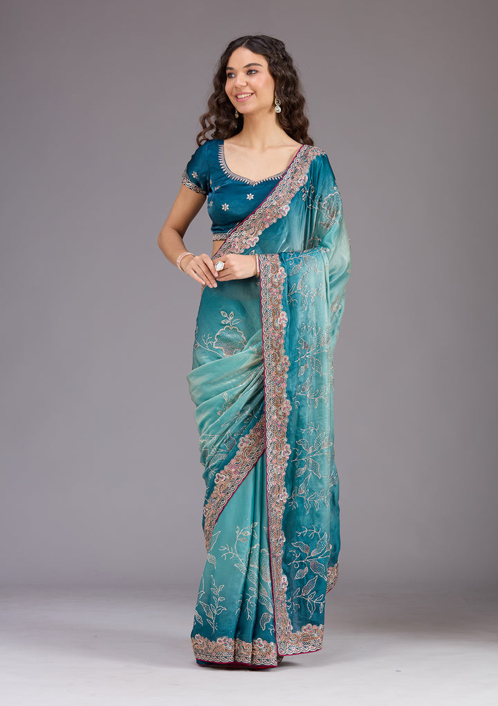 Teal Green Tissue Gold Stonework Saree With Matching Blouse Piece