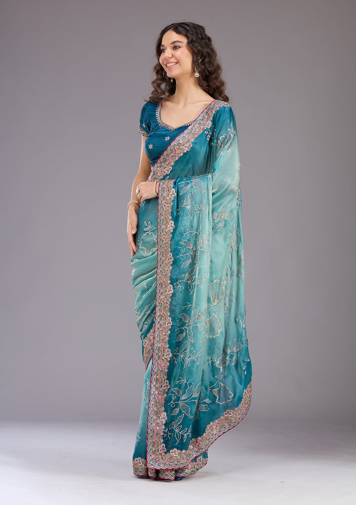 Teal Green Tissue Gold Stonework Saree With Matching Blouse Piece