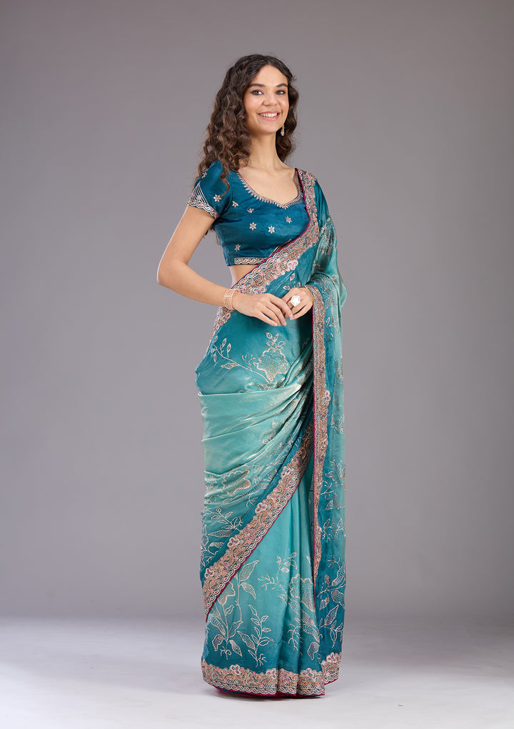 Teal Green Tissue Gold Stonework Saree With Matching Blouse Piece