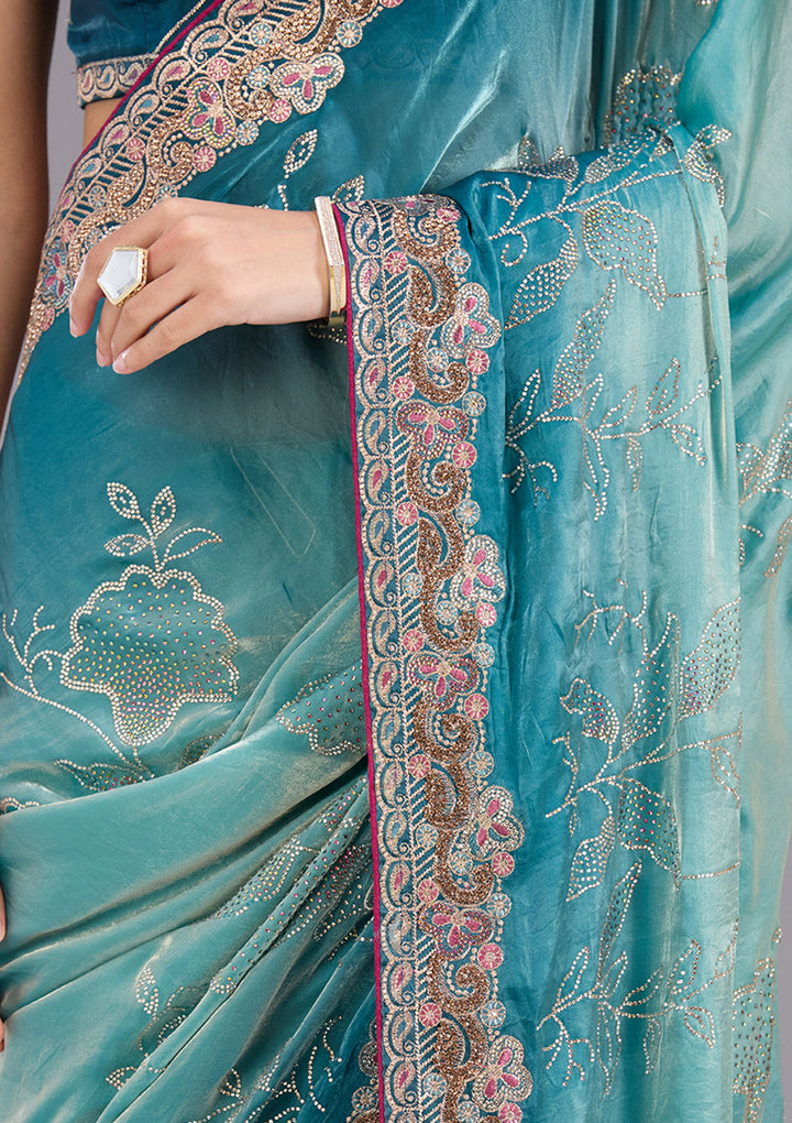 Teal Green Tissue Gold Stonework Saree With Matching Blouse Piece