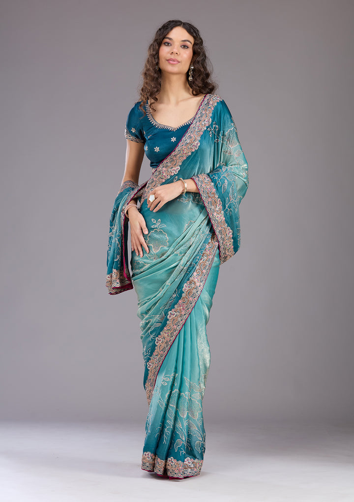Teal Green Tissue Gold Stonework Saree With Matching Blouse Piece