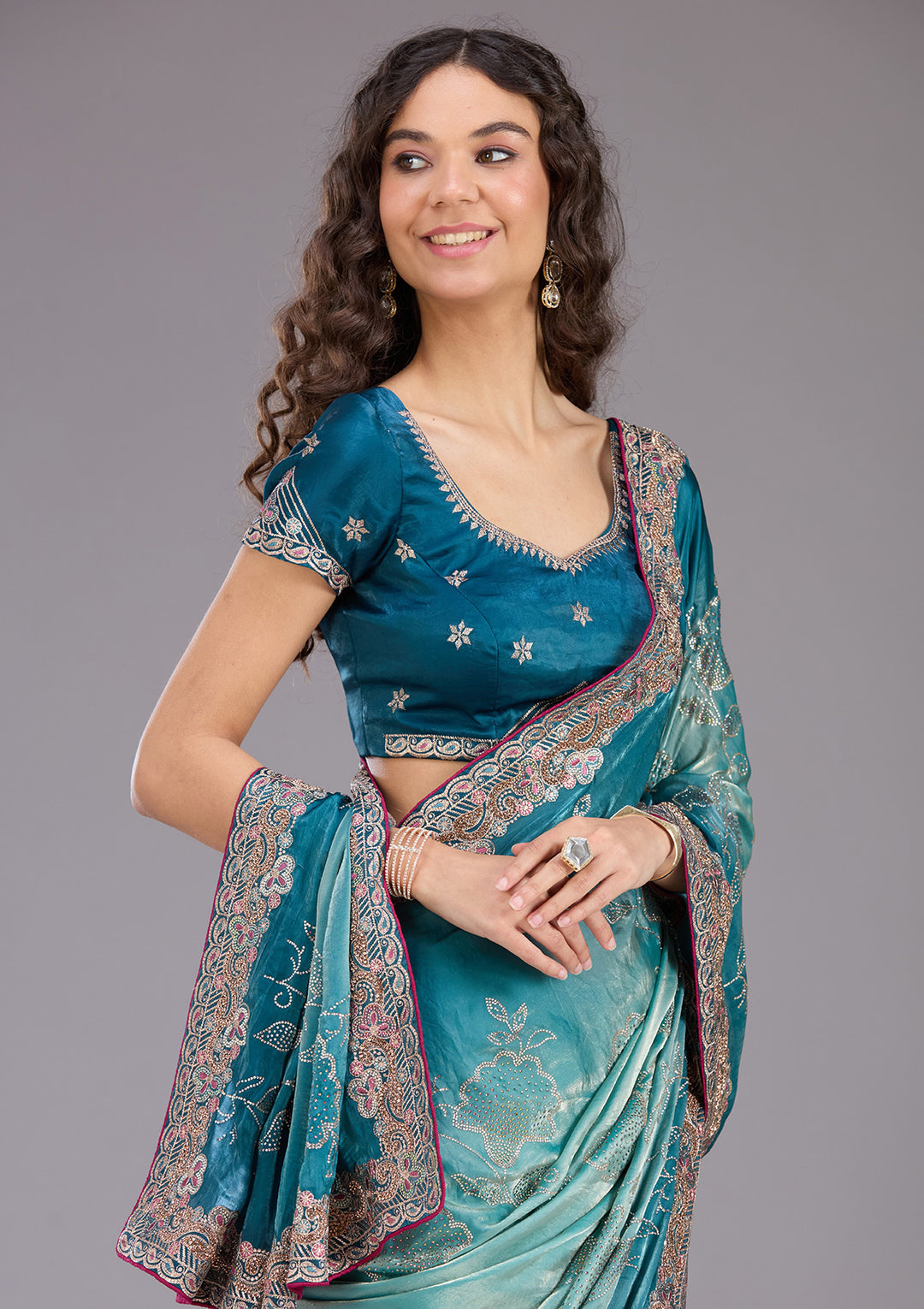 Teal Green Tissue Gold Stonework Saree With Matching Blouse Piece