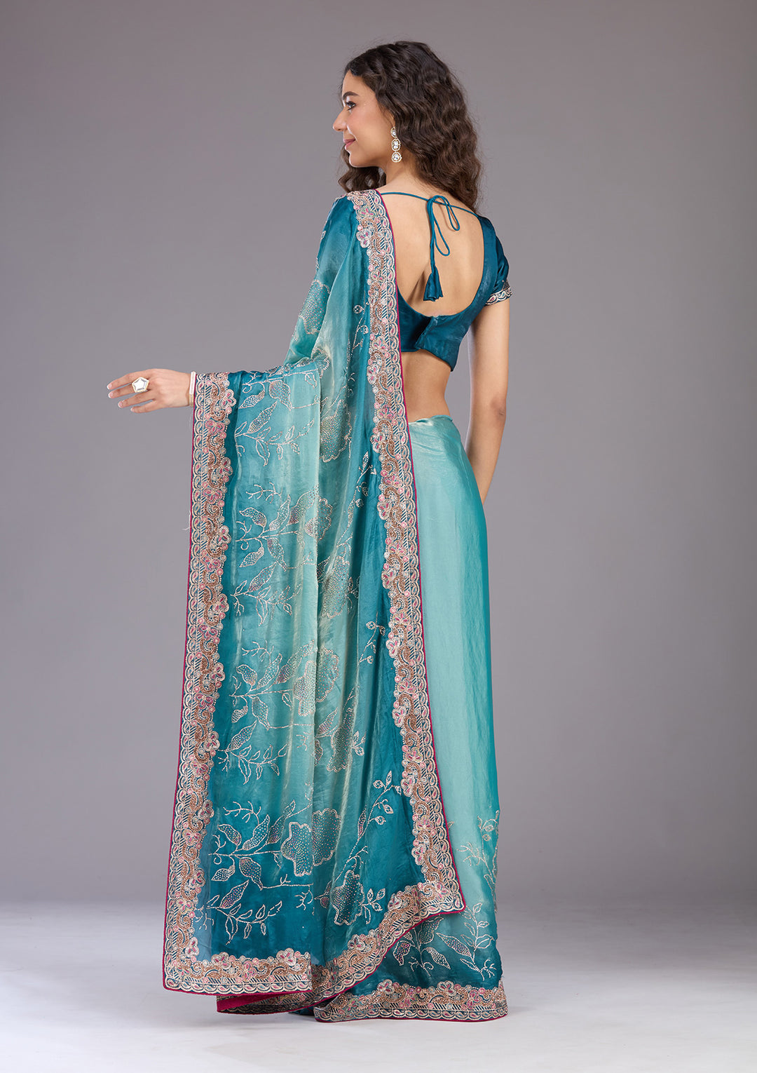 Teal Green Tissue Gold Stonework Saree With Matching Blouse Piece
