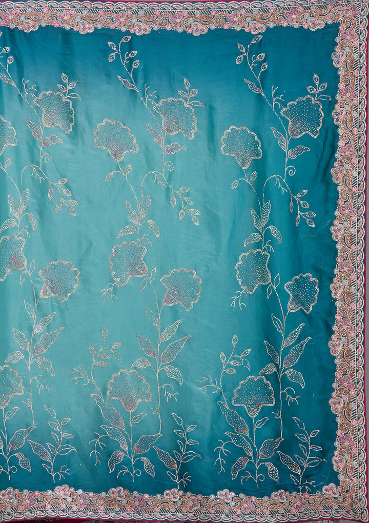 Teal Green Tissue Gold Stonework Saree With Matching Blouse Piece