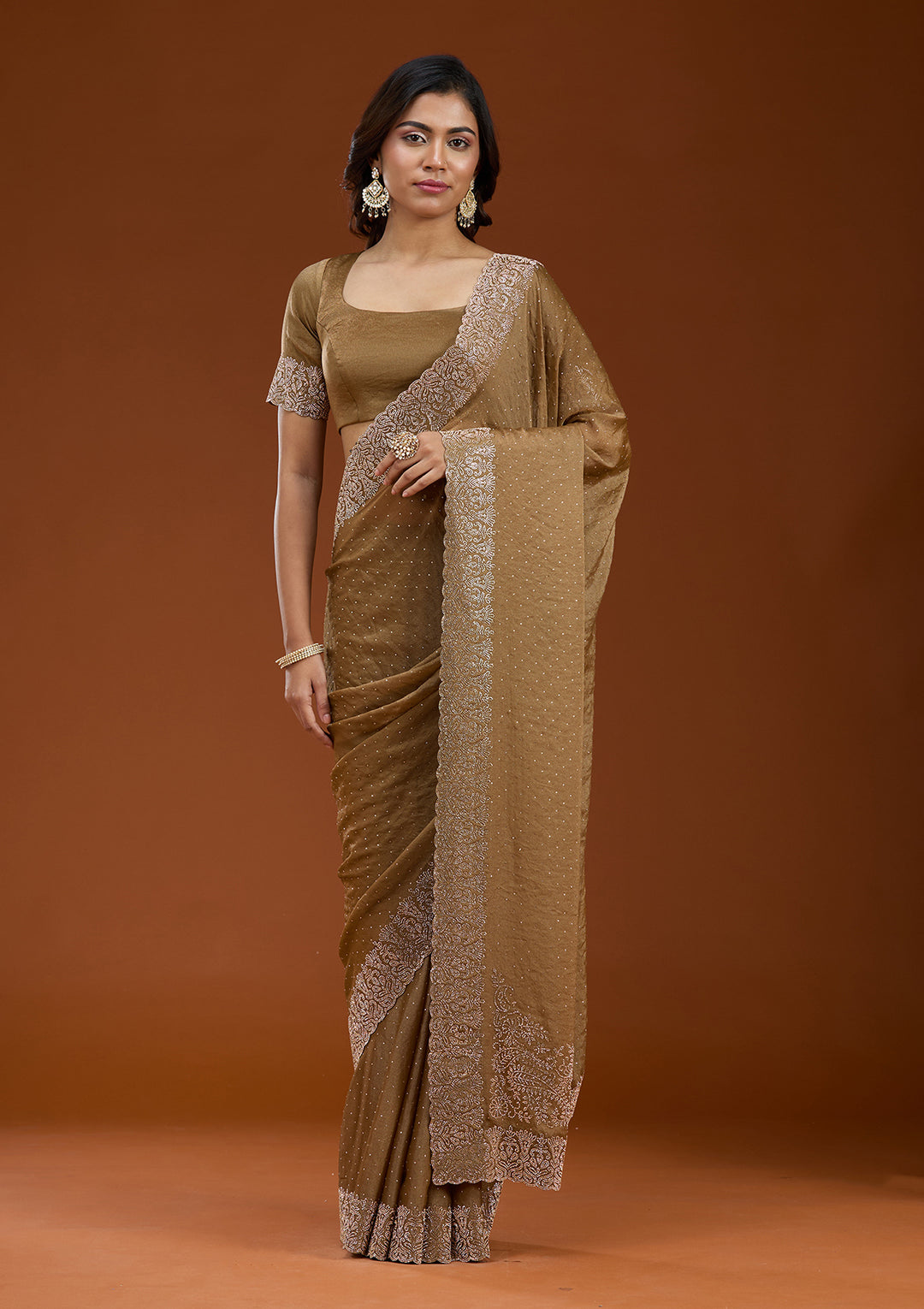 Brown Georgette Gold Zariwork Saree With Matching Blouse Piece