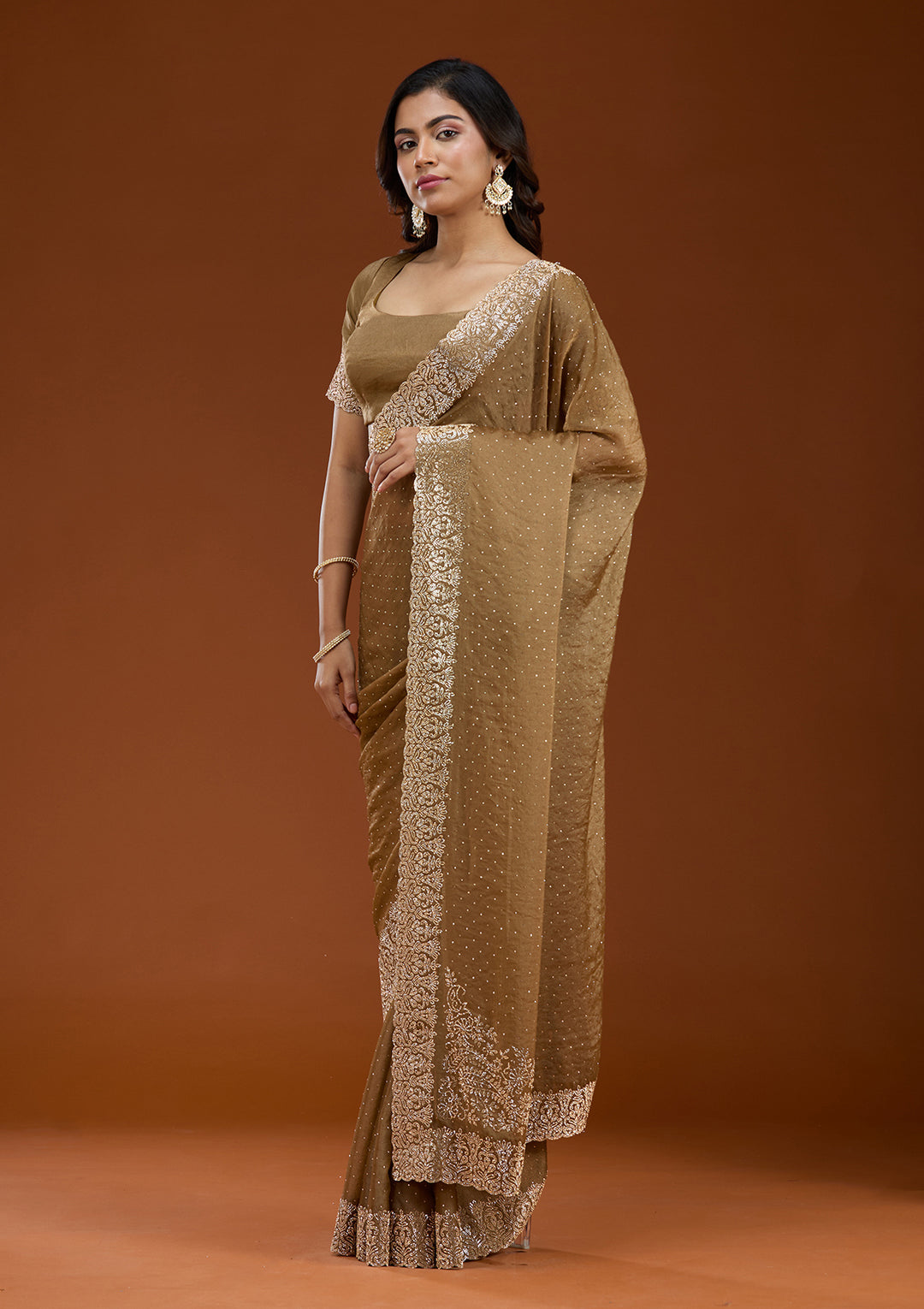 Brown Georgette Gold Zariwork Saree With Matching Blouse Piece