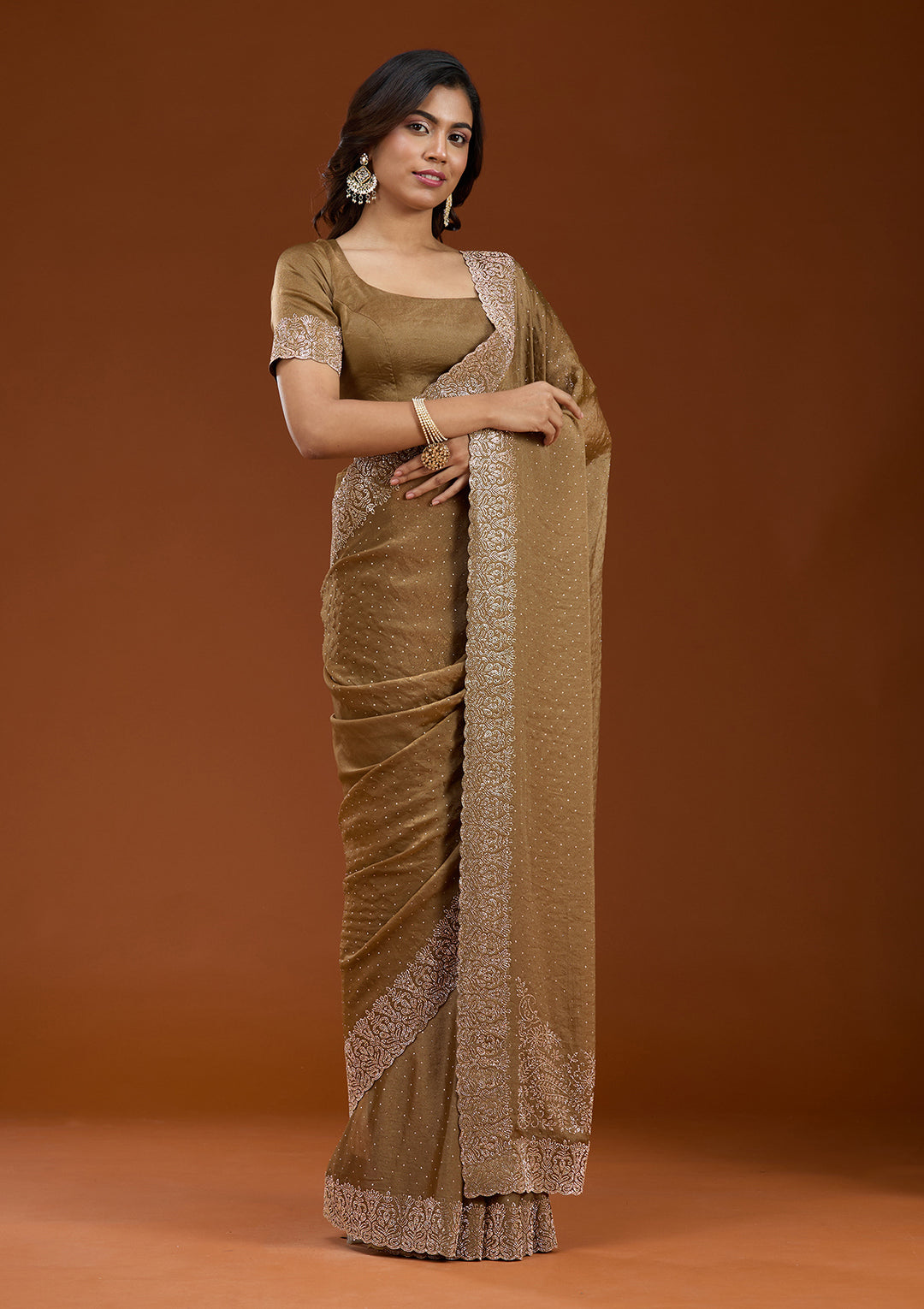 Brown Georgette Gold Zariwork Saree With Matching Blouse Piece